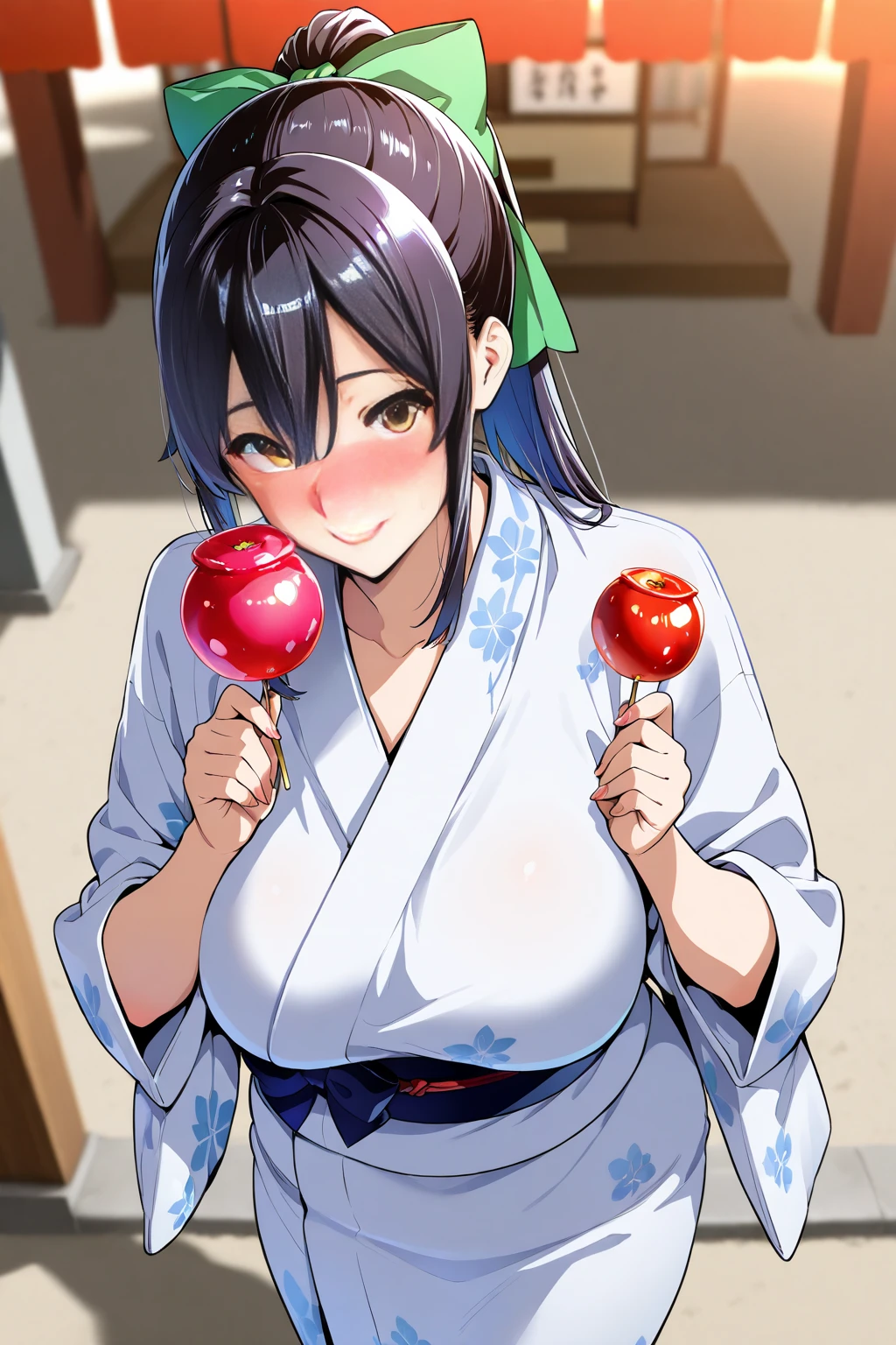 Black hair ponytail、yukata、Licking a candy apple、Light Blue Eyes、Big Breasts、stall、Long Tongue