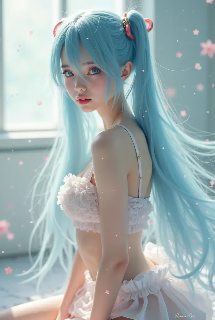 Maximum image quality, ultra-high resolution, (real photo: 1.4), Japan person, 18 years old, sky blue hair, long hair, blue eyes, (thin body), small breasts, sitting, bend both knees, holding both knees with hands, thin legs, short white socks, light makeup, white cloak, black string tie, sky blue dress, white lingerie visible under the dress, white panties, front view, short skirt, princess line, smile, cute, stage, small teardrop earrings, on bed, five fingers, two legs