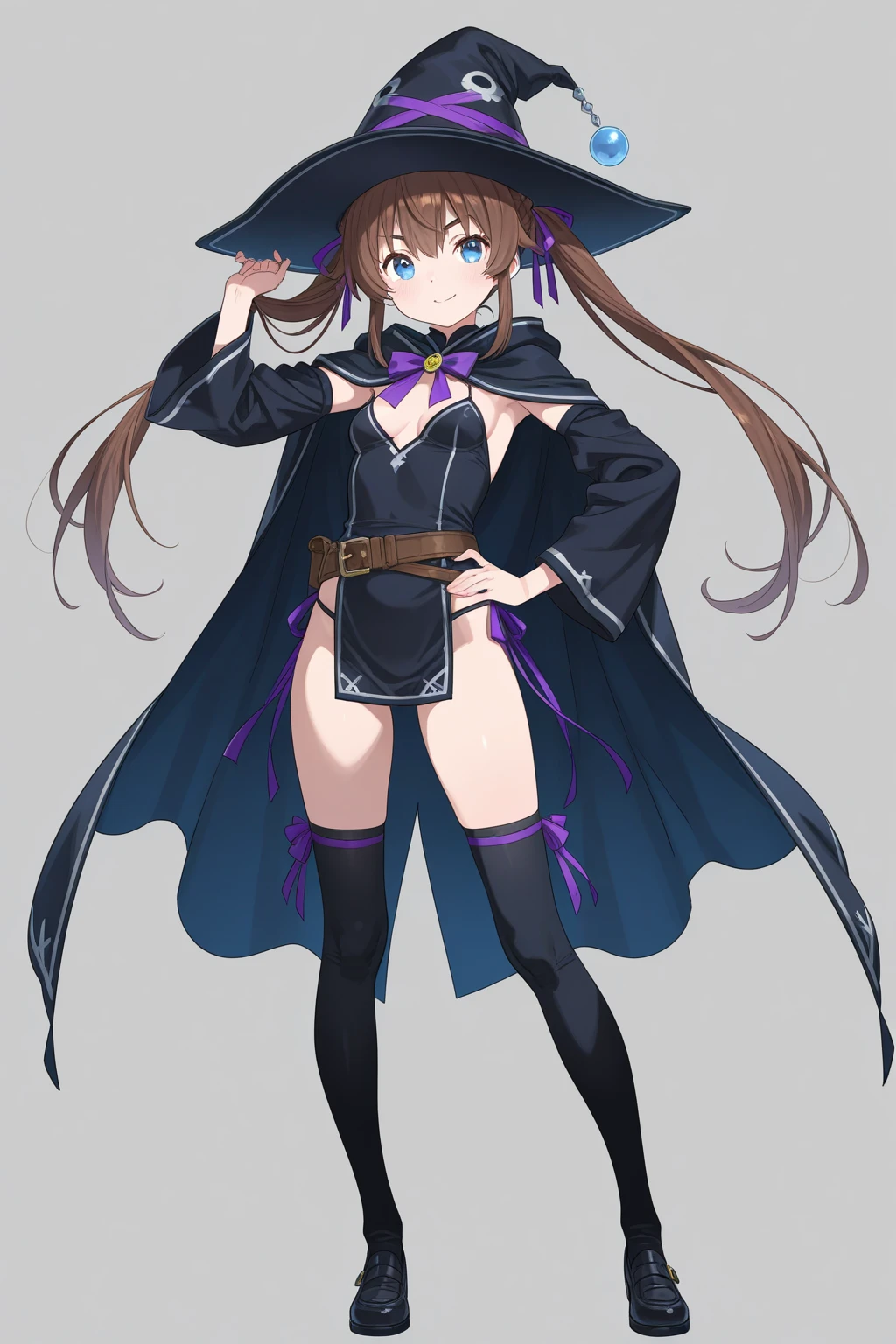 ((masterpiece)),(((best quality))),(character design sheet, same character, same outfit, front view, side view, back view), illustration, 1 girl, alone, beautiful girl, genshin impact style, full body, witch, purple witch costume, big witch hat, golden eyes, long black hair, medium breasts, corset, open legs, thick thighs, black tight thigh stockings, big butt.