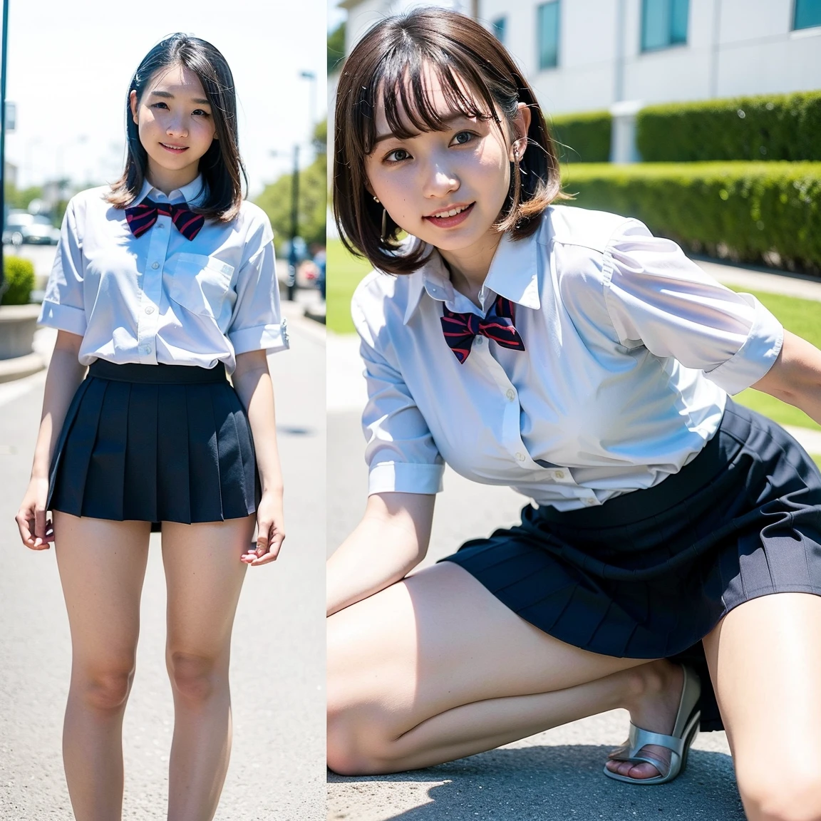 Highest quality、超A high resolution、(Photorealistic:1.5)、1 girl、(Brown Hair:1.2)、Shortcuts、Sticking out one ear、Bob、(Big Breasts:1.2)、Whole Body Ezbian、Smile、Bad Eyes、Panty shot, Spread your legs, Skirt, , White panties, socks, shirt, School, Knee-length, 白のshirt, loafers, Lively, 黒いsocks, Pleated skirt, bow, Headrest, Look to the side, Brown footwear, masterpiece, Highest quality, Ultra-detailed、(((Panty shot)))、(((Spread your legs)))、(Fascinating), ((exciting: 1.5)),