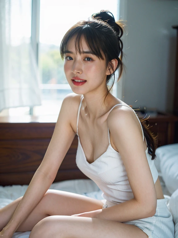 ((Highest quality, 8k, masterpiece: 1.3)), sharp: 1.2, Perfect Body Beauty: 1.4, ((Layered Hairstyles, Small breasts: 1.0)), Neutral white lighting, Reception room, Velvet Bed, ((Small face)), ((Sideboob)), ((Side angle)), (((ponytail))), ((Five Necklaces)), Earrings, ring, Bracelet, (Hair Accessories), ((White lace dress)), ((Beautiful young teenager woman)), ((Straight nose)), (Eyeliner), Armpit Hair, Bristles, ((Beautiful Skin)), Feminine curvaceous figure, (((Spread your legs and increase the depiction of your crotch))), Wavy Hair, Beautiful attention to detail, Super detailed, Highly detailed face and skin texture, fine grain, double eyelid, Black Hair, Big Ass, Lower Body, Thighs, (((Skinny))), Wet and shiny lips, smile, Blushing, Get a grip on your body, ((Anatomically correct human body)), ((Crisp body shape)), Protruding skeleton, Raised hair, A face without nasolabial folds, Leaning back