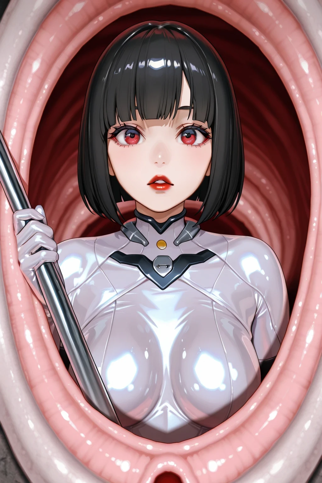 A full-body portrait, a labyrinth in a facility where humanoid clones are researched, a beautiful Japanese woman wearing a shiny white plug suit, holding a white three-section baton for combat, shiny black bob hair, glossy red lips, on guard, a creepy labyrinth,