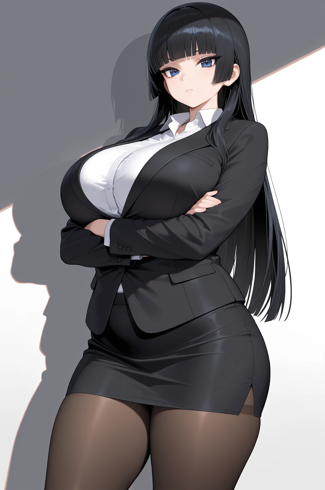 woman, long black hair, black eyes, Formal clothes.