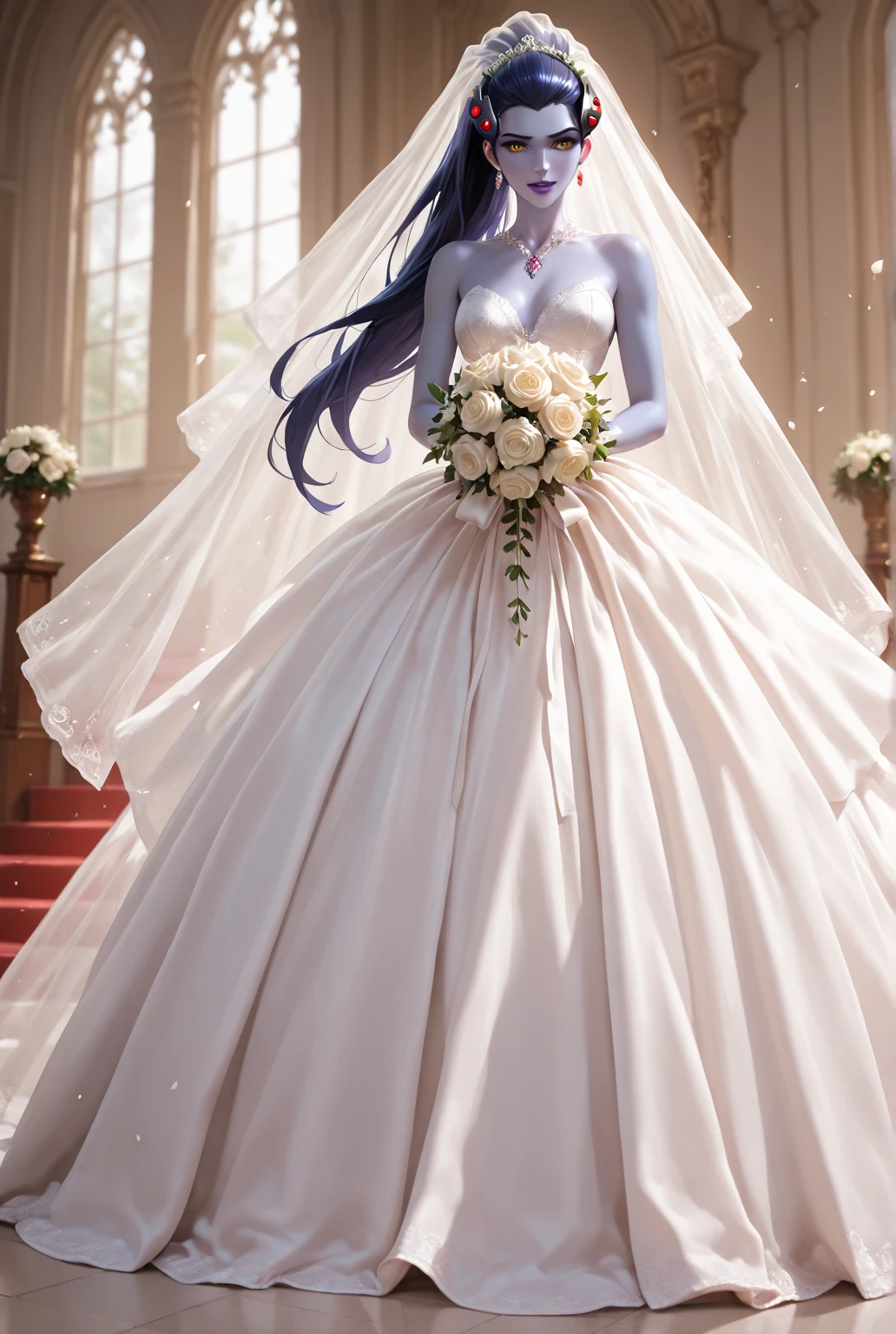 (((Fan hair+The color hair):1.2),(a beauty girl),(White and flawless wedding dress))