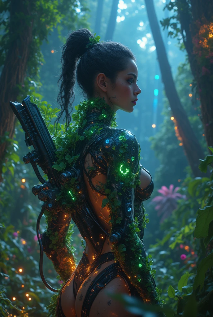 A daring female explorer, brown hair, blue skin, traversing the depths of a vibrant, crawling, alien jungle teeming with fascinating creatures, bioluminescent, plants glowing blue and purple, specs of blue dots on plants, Green eyes, detailed futuristic exploration suit, subsurface scattering, (colourful plants colors:1.21), nigh time glow
(sharp:0.7), amazing fine detail, Nikon D850 film stock photograph Kodak Portra 400 camera f1.6 lens, rich colors, lifelike,
<lora:alloutnavi_alloutnaviV1:0.6>