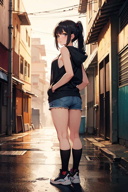 A woman (small), , medium breasts, medium ass, belly button, short skirt, high heel sandals, white transparent top, nipple tapes, long hair tied in twintale, outdoors, street, city, sexy pose, black hair,