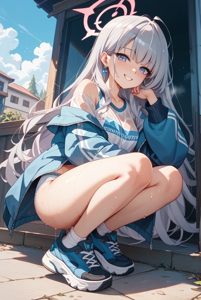 masterpiece, best quality, highly detailed background, perfect lighting, best quality, (extremely detailed face), volumetric lighting, intricate details, shadow, tonemapping, sharp focus, hyper detailed, trending on Artstation, (solo) ((Looking at the viewer)), ((city background)) .Girl with long Grey hair (Wavy hair). Blue eyes. curvy. Blush, Clear skin. Big bust. Smile ((Scantily clad)) ((Sports shoes, navy blue sweatshirt)) ((white shorts))