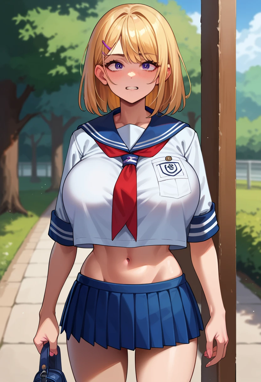 rialistic photo、top-quality, a sailor suit、summer clothing、Ultra mini skirt、White shorts、Beautiful、Big、Beautiful udder、Skirts short enough to reveal shorts、beautiful thigh、Beautiful belly button、Beautiful facial features、Beautiful camel toe、Beautiful constriction、Hi-Res, and18, 1girl in, Android 18, 独奏, blonde  hair, blue eyess, shorth hair, 耳Nipple Ring, jewely, Medium chest, cowboy  shot, Street, (校服:1.2), off shoulders, Sunset,