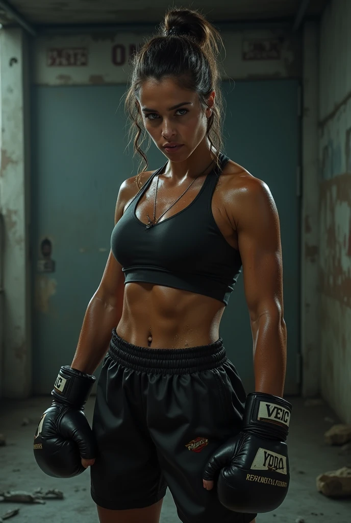 A topless 45 years old Indian MMA fighter, voluptuous body, slim waist, wearing black shorts, ???????, in an MMA arena with bright lighting, short hair, beautiful detailed face, wearing fighting gloves, in a fighting pose, dripping with sweat, (best quality,4k,8k,highres,masterpiece:1.2),ultra-detailed,(realistic,photorealistic,photo-realistic:1.37),highly detailed,hyper realistic,octane render,cinematic lighting,dramatic composition,sharp focus,extremely detailed skin and muscles,sweat droplets,volumetric lighting,studio lighting,award winning photograph
