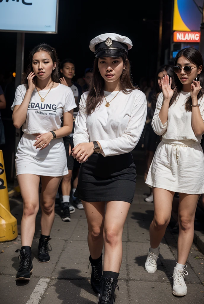 28-year-old South American woman,Long black hair and curly hair,sunglasses,White shirt with a neckline,Black trousers,White shoes,Walk the crowded streets,While walking through and drinking drinks through a straw,Look left and right,