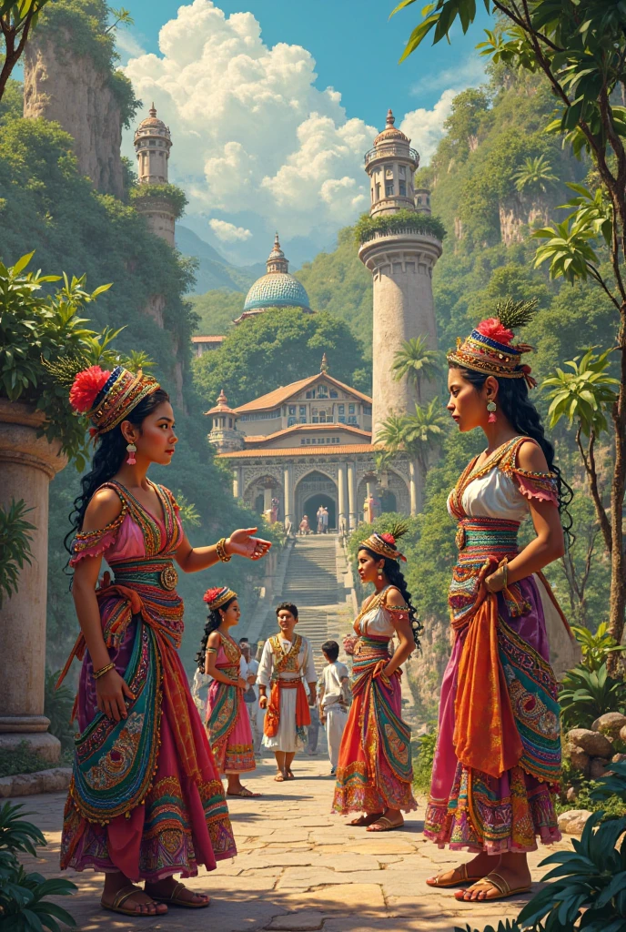 ancient India, 2 Ancient beautiful sexy Indian women, 2 women, royal, ancient traditional cyberpunk Indian village, long lost Indian fantasy, ancient cyberpunk Indus valley civilization, lotus, water pools, idols, temples