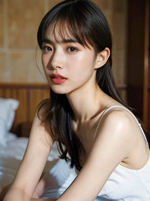 Photograph showing the whole body。She has her legs crossed。(RAW Photos, Highest quality), (Realistic, Photorealistic:1.3), Tabletop, Very delicate and beautiful, Soft Light, (Brown Hair, Straight shoulder-length hair fluttering in the wind), Beautiful detailed girl, Highly detailed eyes and face, Beautiful and detailed nose, Fine and beautiful eyes, 1 girl,Pure beauty, cute,, (Small breasts:1.2), Realistic face, Realistic body,Full body photo、Wearing a wedding dress。She is in the church。Evening or night, The lights in the church are on, Very beautiful and kind smile,