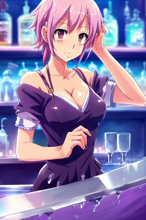 mastute piece,Best Quality,insanely detailed,8k cg,nsfw,
(shoot upper body:1.3),
(1girls:1.3),standing,looking at viewr,body in front,(arms behind back:1.4),(pink waitress costume:1.4),(bare breasts:1.2),break,
blush,shy,(ecstasy face),(trembling:1.2),break,(light pink hair:1.2),
break,
perfect breasts,perfect teats,(open mouth:0.9),(large breasts:1.2),
(restaurant),