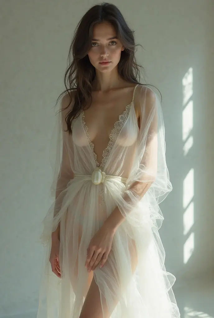 A beautiful european girl, Eve, wearing white organza dress, transparent dress, full body. She is 24 years old, has light brown hair, long fair hair, curly hair and light blue eyes. Her cloth is stylish and her overall appearance is stunning. The girl's face is extremely detailed with beautifully detailed lips. Her skin is anatomically correct with realistic textures. The image should have super high details and be of the best quality, with a resolution of 8K. The final result should be a masterpiece, showcasing the girl's beauty and the vibrant atmosphere of the garden and apple trees