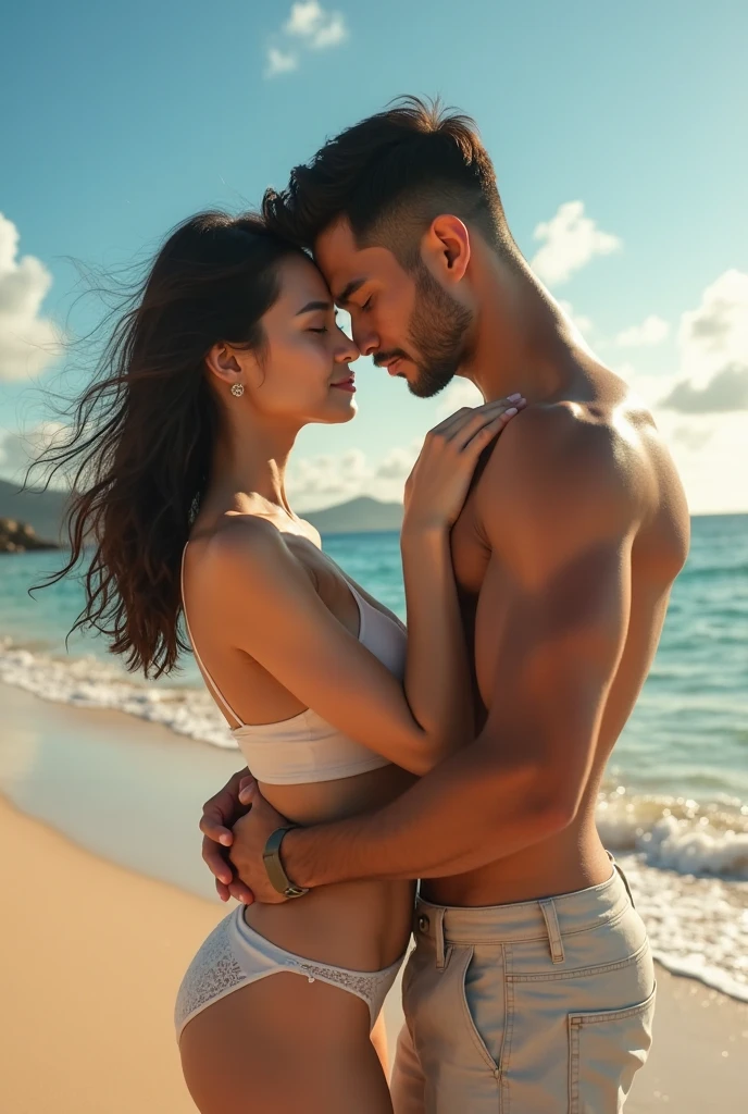 Hot interracial couole, white man, tall, muscular, asian woman, sexy body, sexy dress, standing side by side, beach