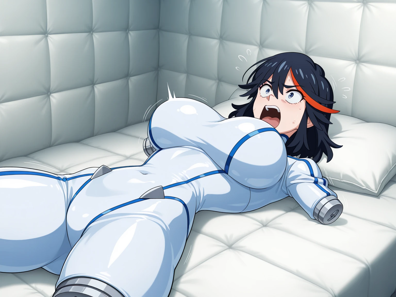 An arafe woman wearing a white tank top and sitting on the ground, wearing white leotard, light milky white porcelain skin, Smooth white tight clothes suit, Wearing white tights, pretty face with arms and legs, wearing leotard, photo of slim girl model, Crouching anime girl, Squatting Pose, wearing tight suit, Engaging pose