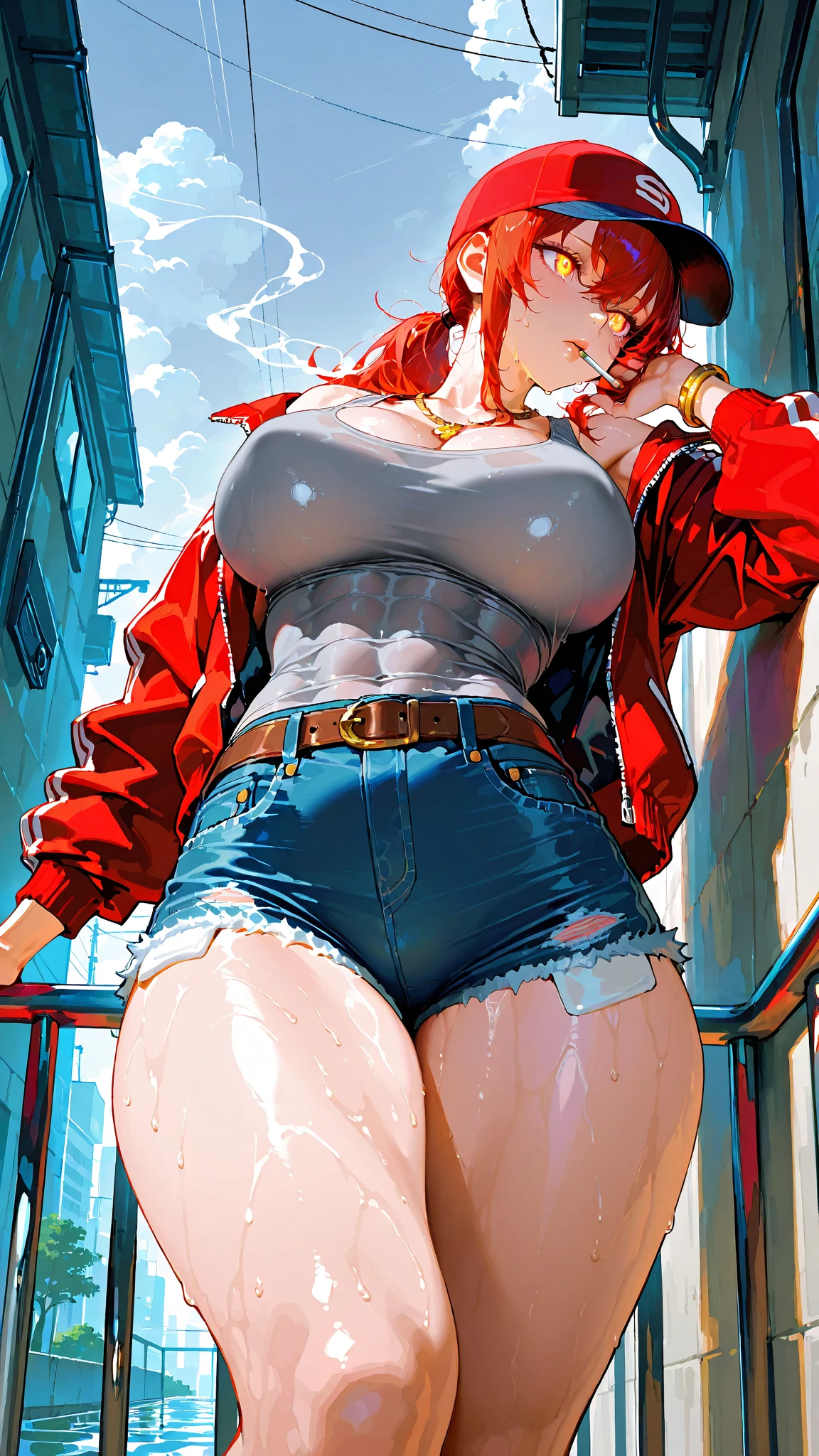 best quality,4k,8k,highres,masterpiece:1.2),ultra-detailed, extremely detailed eyes, extremely detailed body, (large masterpiece digital art), (detailed manga illustration), (detailed line art), ((perfect anatomy)), (intricate details:1.3), (ultra-detailed:1.3), (illustration:1.3), (sharp focus:1.3), (natural lighting:1.05), (vivid colors:1.3), (masterpiece), (best quality:1.4), (perfect anatomy:1.4), high quality, expressive eyes, full body, detailed face, beautiful face, perfect face, 1 girl, breasts, cleavage, gloves, large breasts, ultramarine jacket, very long hair, thigh length hair, ({dark skin}), dark-skinned female, detailed ((red hair)), messy hair, green eyes, gloves, jacket, hourglass physique, casual outfit, denim shorts, sneakers, graphic t-shirt, dynamic lighting, cityscape background  curvy, Atey Ghailan, Jeremy Mann, Greg Manchess, Antonio Moro, trend in ArtStation, trend in CGSociety, Intricate, High Detail, Sharp focus, dramatic and photorealistic painting art by Midjourney and Greg Rutkowski, Jeff Bridges, ((cartoon style)), Marvel Cinematic Universe style, (((Boston in the background))), soft bokeh of Boston