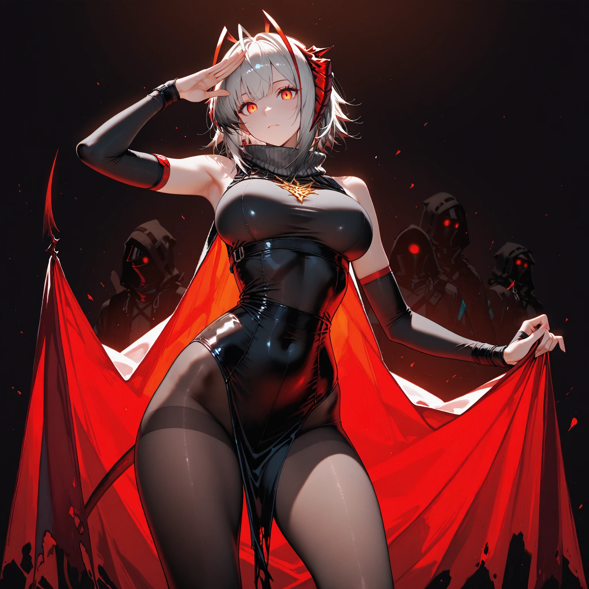 Young Female, Pale Skin, Red Eyes, Short White Hair, Menacing Expression, Beautiful, Dark Lighting, Intimidating, Horror Theme, Standing, Darkness surrounding, Tentacles forming from behind her back, Wearing a black cloak with the hood up, tentacles moving from underneath the cloak, Cinematic, HDR, Vibrant Colors, RTX, HD, Very Detailed, Masterpiece
