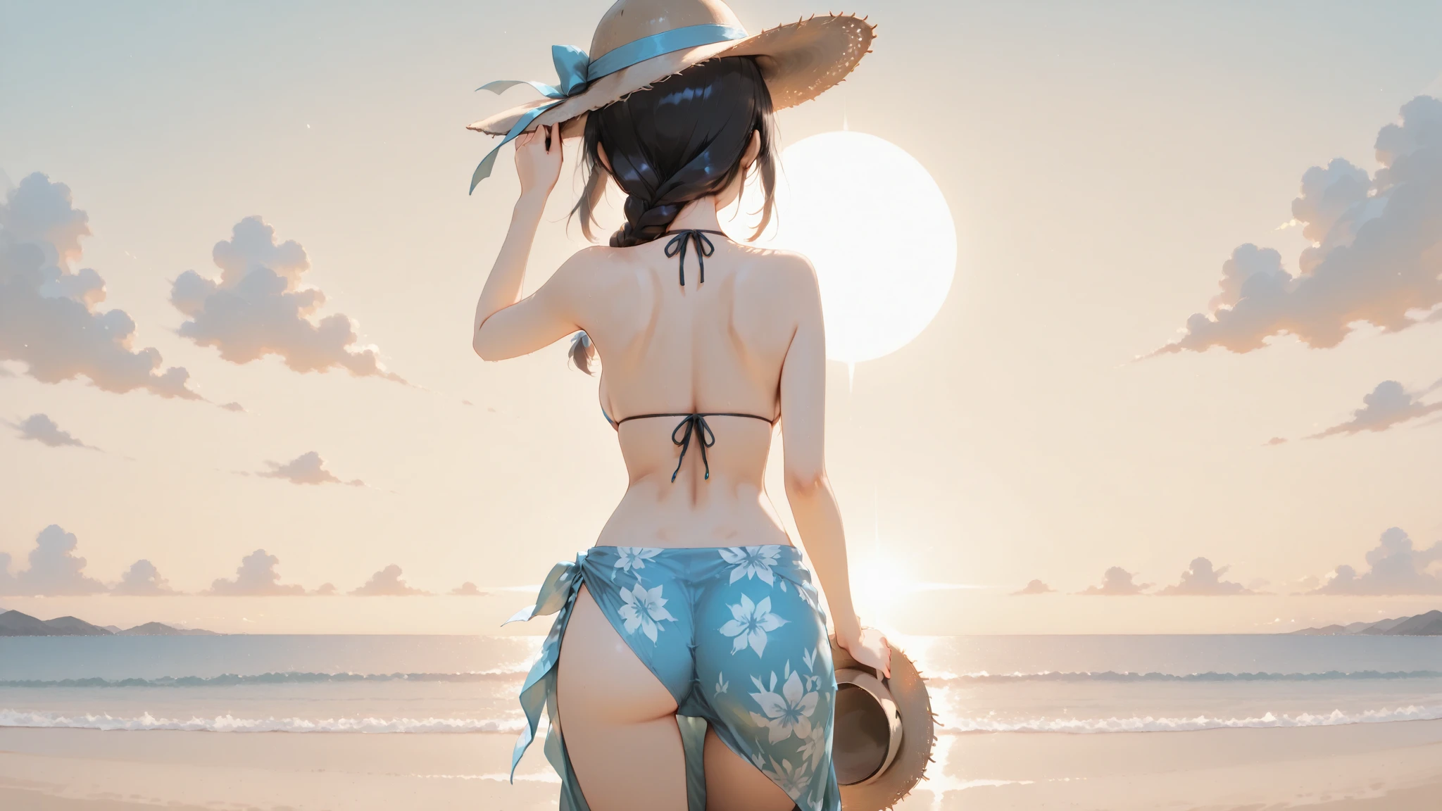 (巨作)、detail detail、8K、((Full body back photo visible from head to toe))、Girl in swimsuit and straw hat、toned buttocks、short dark hair、Colorful inner hair、Realistic and sharp details、with intricate details、Standing in the back of a meadow on a cliff near the sea, looking up at the ultra-beautiful and full view of multiple starry skies and galaxies., nsfw