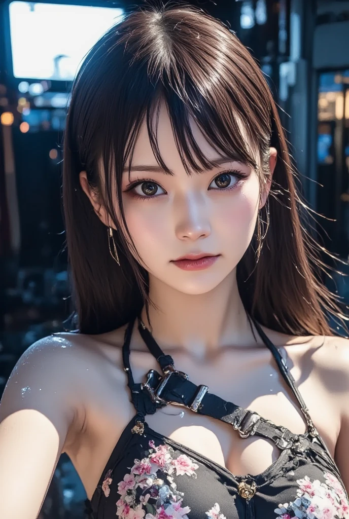 8k、High resolution、punk fashion、beautiful girl、slender body、young、colorful costumes、white skin,narrow eyes、london cityscape,high nose,lighting that illuminates the face、clear image、intellectual beauty、Eyes staring straight ahead、skinny、no makeup、Black Lace Costume、short hair、anxious look