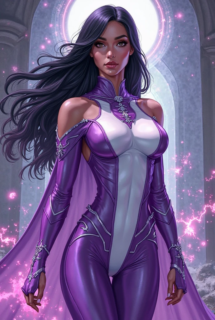 stsapph2024, ((tawny_newsome)) ((black skin)) black logn hair
, best quality, masterpiece, 5 fingers, depth of field, full body, 5 fingers, raw photo, photorealistic, violet suit, floating in space,