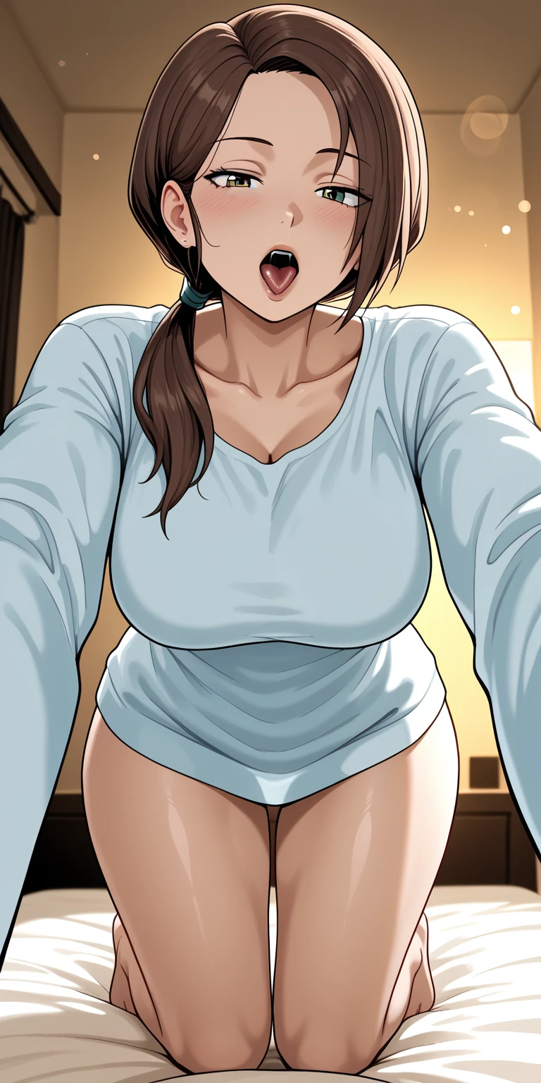 best quality, masterpiece, ultra-detailed, high quality, highres, takeda hiromitsu style, 1girl, mature female, brown hair, low bun, beautiful, beautiful and perfect face, smile, open mouth, looking at viewer, (Underwearless), no panties, large breasts, large ass, curvy body, POV, close shot, from the below, from behind, from above, full body, kneeling pressing to the downblouse, face in pillow, on bed with her buttocks thrusting to viewer, all fours, body face down and buttocks raised upwards with your stretched crotch curtain legs up hanging thighs upper body, slicked butt, in home, in front of the door, leaning forward