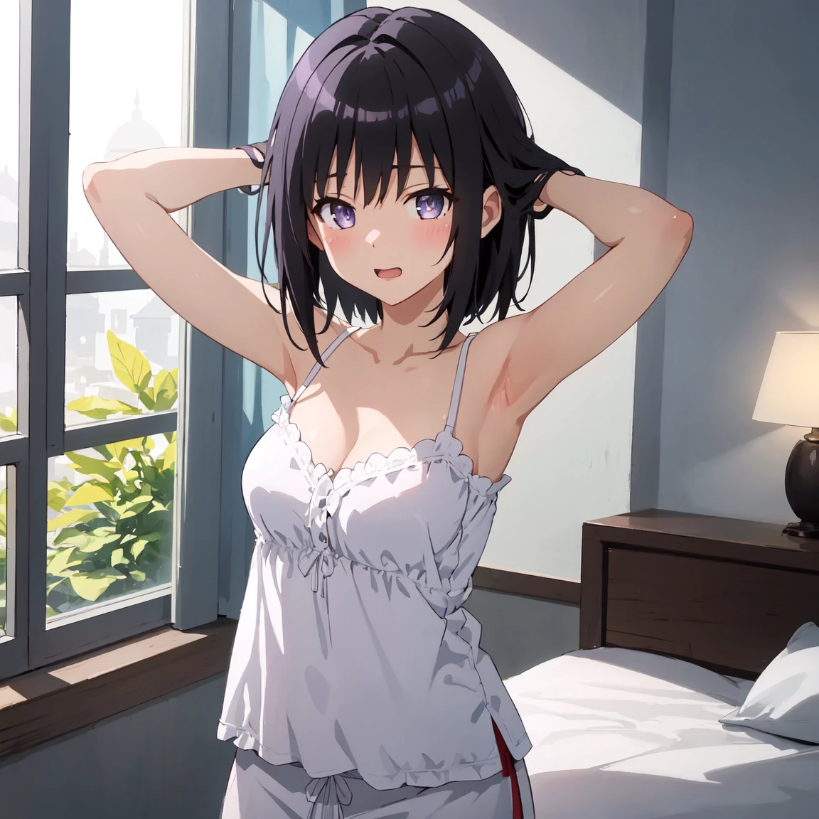 (masterpiece, best quality), anime minimalist, mature female, 1girl, solo, (pale skin:0.95), red eyes, glowing eyes, black hair, (messy hair1.2), very short hair, (forehead:0.7), mullet, pixie cut, breasts, white elegant dress, necklace, sideboob, thighs, no underwear, no panties, covered erect nipples, (light smile:0.5), expressionless