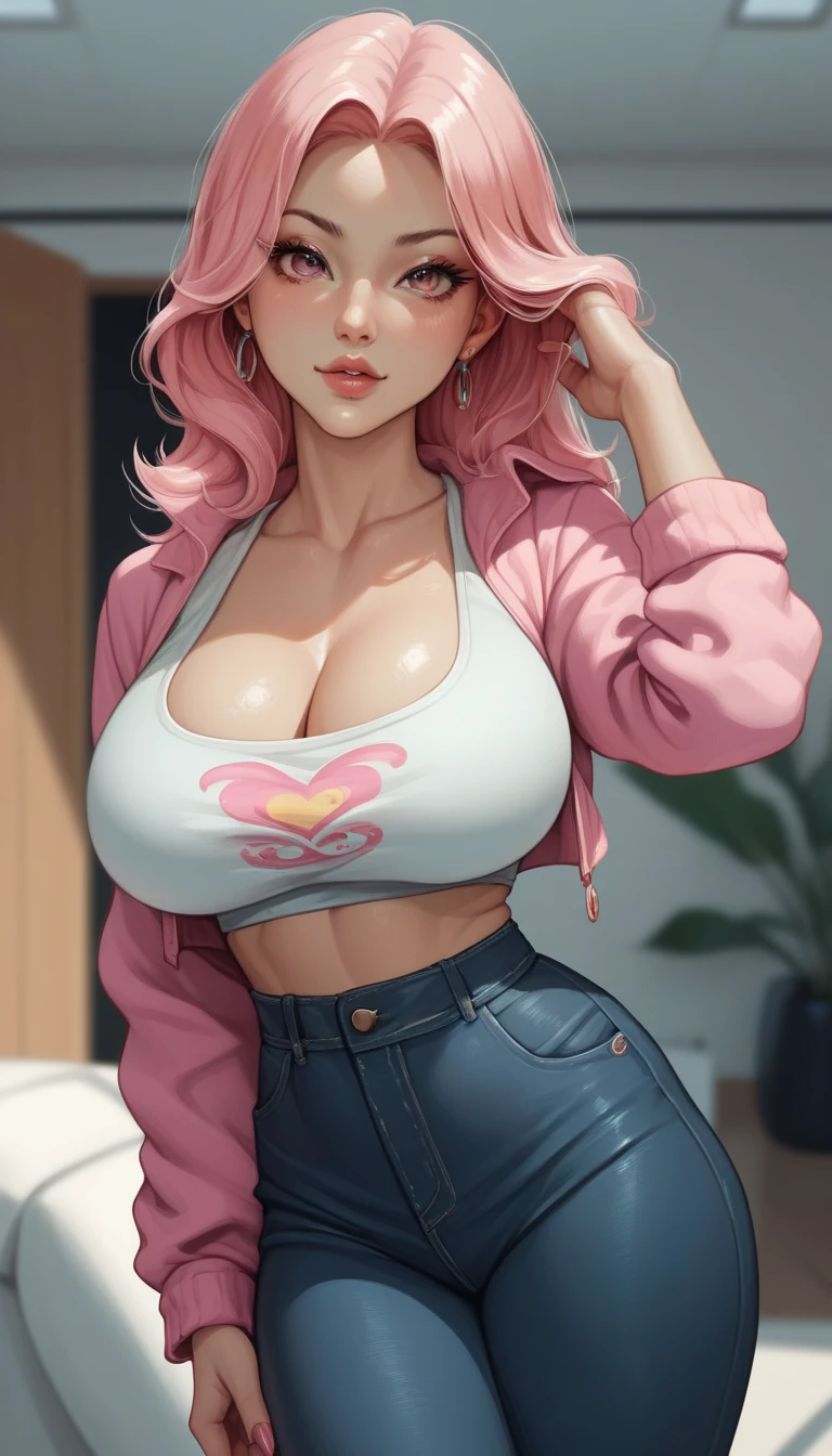 Belle Delphine, masterpiece quality, (masterpiece quality:1.3), realistic, (realistic:1.5), 1girl, (1girl:1.9), solo, (solo:1.9), in a fancy kitchen, lots of food in background, long hair, pink hair, (pink hair:1.5), wearing white t-shirt, (white t-shirt:1.5), midriff, (midriff:1.5), wearing black panties, (black panties:1.5), wearing choker collar, wearing fishnet stockings, (fishnet stockings:1.5), thin body, big breasts, (big breasts:1.5), lots of cleavage, (cleavage:1.5), smiling, (smiling:1.5), 
