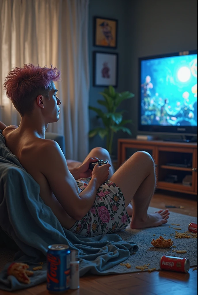 Handsome twink ginger-haired naked gamer sitting on a couch, playing while his cock  is stiff, acne, blemishes, (natural freckles), (realistic: 1.4), slim and fit body, hairless body, pale skin