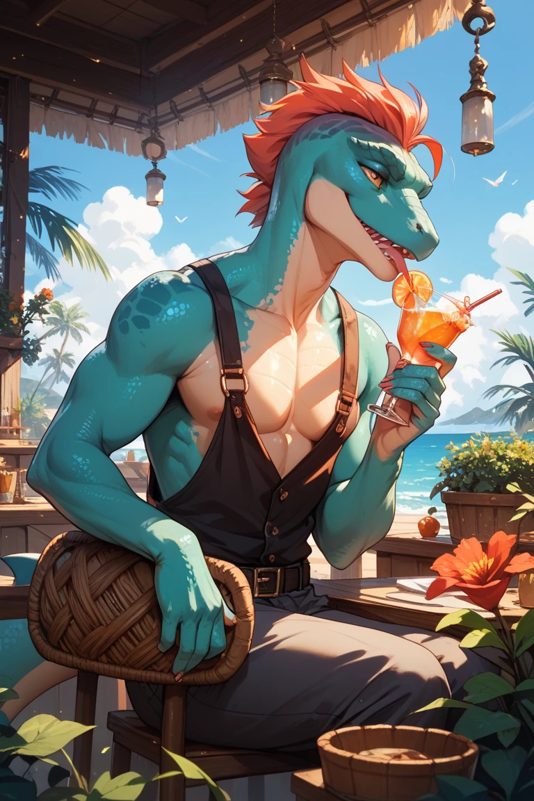 score_9, score_8_up, score_7_up
a (ruined city:1.2), vines on buildings, post apocalyptic setting, solo, male, a green (anthro lizard:1.5) holding beer can while leaning on a sun chair, wearing sunglasses, black cargo shorts, leaning back, overgrown vegetation, sunny day, cinematic lighting, (distant city ruins in the background:1.2)