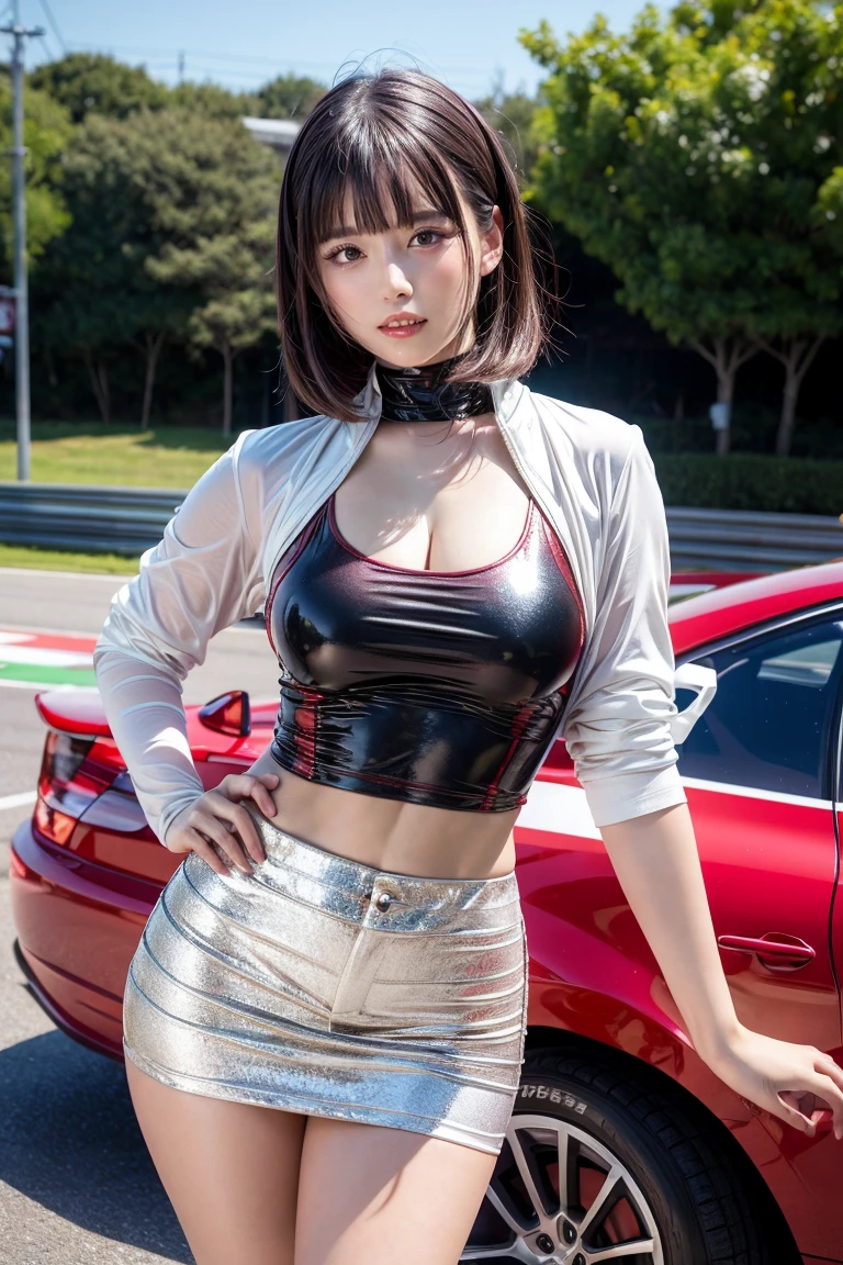 (Best quality: 1.5), (Real: 1.5), (1 person: 1.5), (masterpiece), (slim body:1.5), Detailed background, detailed characters,full body, (Highly detailed), (High resolution), 8k, (busty breasts), Natural colored lips, Japanese woman, 24 old girl, thin eyebrows, beautiful and elegant face, cute face, arched thin eyebrows, (big eyes with a good balance between the left and right sides), cute eyes, beautiful eyes, beautiful thin nose, beautiful face line, Beautiful detailed skin, fair skin, natural bangs, medium bob hair, bob hair, slim face and figure, beautiful cleavage, 1 girl, Beautiful breasts, (Japanese idol:1.5), (erotic race queen), (thigh boots:1.2), (Outdoors), racing car, luxury car, (the circuit), (Wear a Open the front zipper all the way to show off your cleavage and navel sleeveless erotic bodysuit: 2), Leaning against the car, (Looking calm and Relaxed at the camera), (The best lighting:1.5), (Slender and slim body:1.5), Slim waist, slim hips, (Wear a Open the front zipper all the way sleeveless erotic bodysuit:1.5), (Pull the front zipper all the way down to show off your cleavage and navel:1.5),