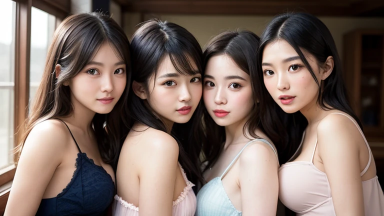 (Best-quality, Masterpiece, Ultra-High-Resolution, (Photorealistic:1.4), Raw Photo, depth of field, professional lighting, perfect , extremely details), ((3girls)), selfie, Japanese idol and Japanese actress and Japanese singer, having fun at home-party, They all have innocent smiles. They all have different faces and different hairstyles. They all have extremely cute and extremely big eyes. They all have extremely beautiful and extremely realistic skins.