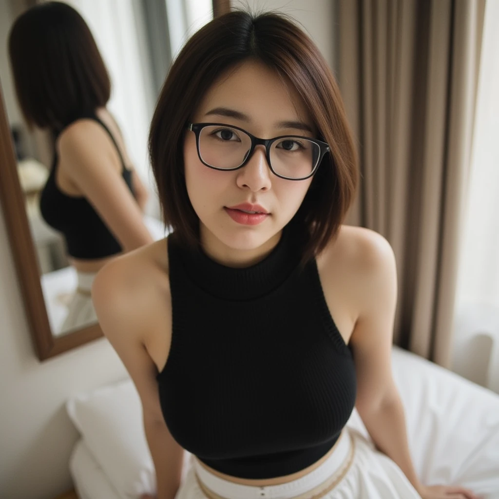 High resolution, high intensity lighting, In 8K, Small and round glasses, Long face, (One woman), Facial details, Brown eyes, Topical Garden, Very short hair, Close-up face, Moderate, ((View your viewers)), light green t-shirt, Keep your mouth shut、((Sexy panties in full view:1.05))、((Spread your legs wide:1.45))