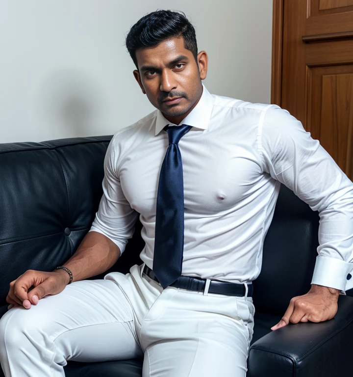 Giant tall muscular indian police officer,Handsome in white police uniform.,police certificate,Character concept(Resident Evil - chris redfield,chris redfield)proud expression,Deep and charming eyes.,male heroic pose,tall strong,indian muscular!muscular thighs,Tough guy,perfect facial features,high, strong, Heqiang, super profit and great, High Resolution Committee,Encantador hombre strong,white jeans backside backside sit on chair backside
