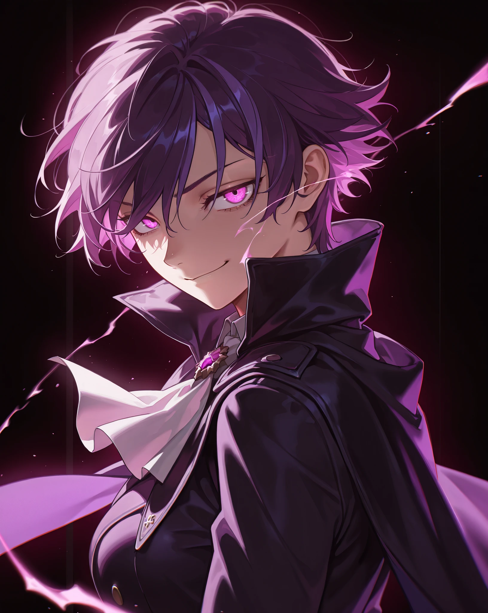 vivianZzz,(face focus, medium shot:1.22), dynamic pose, three quarter shot, looking at viewer, mature, (1girl:0.75), solo, effeminate, tomboy, masterpiece, best quality, amazing quality, very aesthetic, high resolution, ultra-detailed, dramatic lighting, absurdres, purple hair, streaked hair, tomboy hair, smirk, soft gaze, ascot, cape, narrow eyes, gothic lolita clothing, military lolita, overwhelming aura, energy field