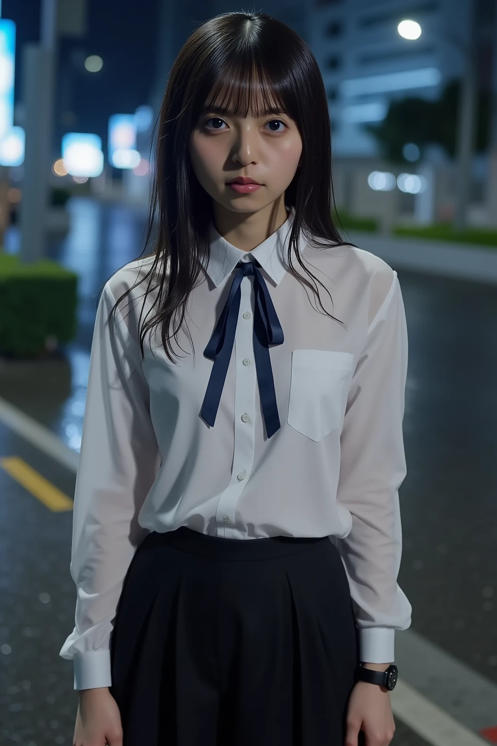 (nude)(Highest quality, masterpiece),1 Girl, Long black hair, uniform, shy, blush, Wet, rain, transparent, (masterpiece, Highest quality), Soft Light, Structure of the film, Cinematic Light