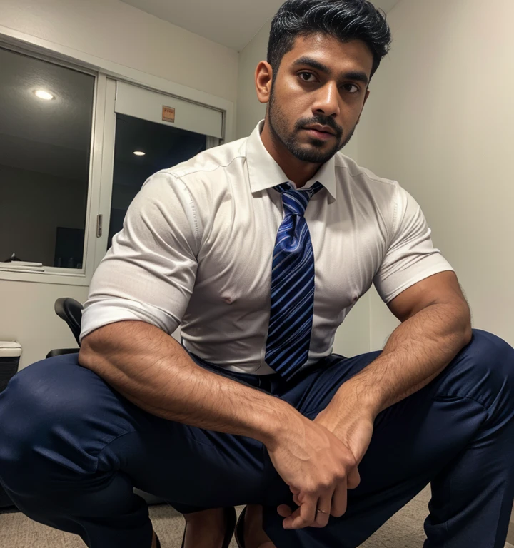 Handsome indian latino masculine strong bodybuilder man with huge wide muscular shoulders, wide chest, abs, masculine wide triceps, arms, biceps, big masculine legs, wide thighs, calfs, black-haired, hair falls on your face, Mesmerizing brown eyes, red underwear, in office