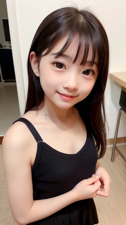 masterpiece、High resolution、Official Art、Japanese,Beautiful girl at 6 years old:1.85,Baby Face:1.85、Ultra-flat chest:1.85、Ultra short height、Smiling with teeth showing,cute,Primary school students,女子Primary school studentsの私服,Summer clothes、clavicle、Black Hair、Nipples are visible、In the park、Childish、semen