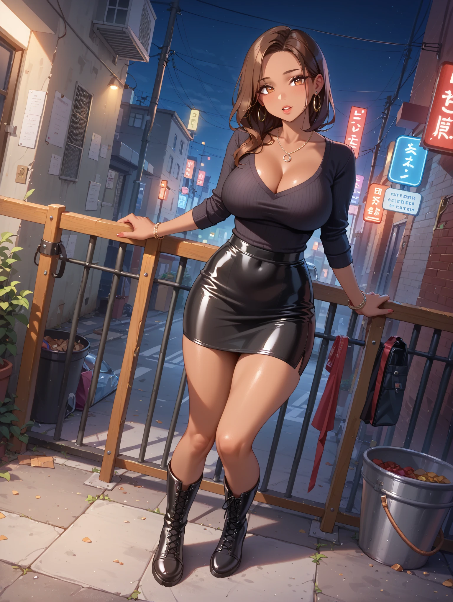 masterpiece, best quality, shadows, perfect hands, perfect legs, perfect anatomy, pretty face, mature features, 1 girl, 21 years old, MILF, mature woman, tight crop top, sexy leather skirt, city night background, white long hair, thighs, ass, breast, seductive, spicy, posing, cinematography lights,