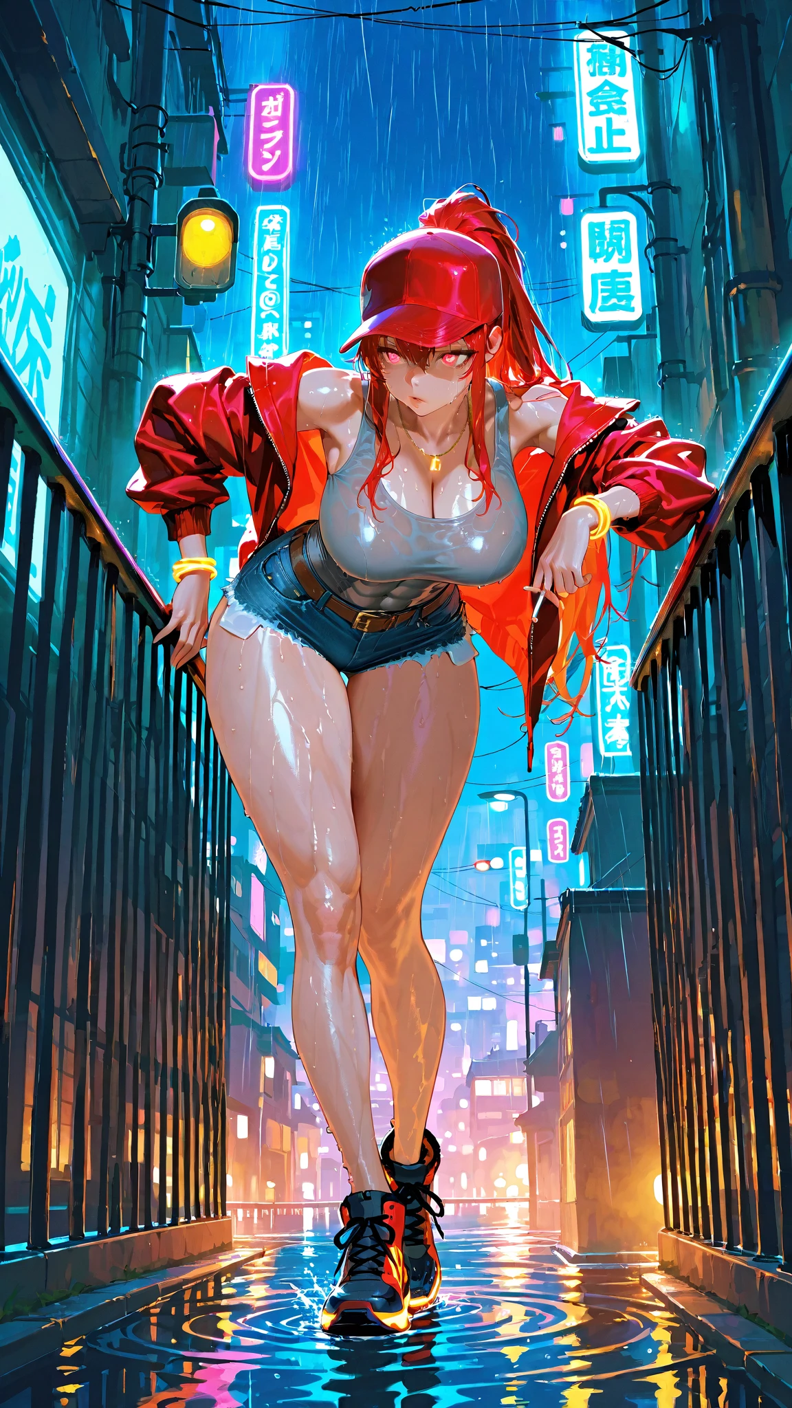 cute bunny girl,(((1girl))),((bunny girl with extremely cute and beautiful orange hair)),(((bunny girl,anthro furry cute,bunny-girl,bunny ears,bunny ears on head,big bunny ears))),
(large breasts:1.4),saggy breasts,(((red orange hair:1.35,colored inner hair,ear breathing,large hair))),((heterochromia:1.5, (red_eye and orange_eye))),intricate eyes,beautiful detailed eyes,symmetrical eyes,big eyes:1.3,((fat)),(((lustrous skin:1.5,bright skin: 1.5,skin tanned,shiny skin,very shiny skin,shiny body,plastic glitter skin,exaggerated shiny skin,illuminated skin,wet legs))),(spider lower abdomen,narrow waist,wide hip,athletic body,inflated legs, thick thighs,detailed body,(detailed face)),
cute,slutty,seductive,erotic,(((nsfw))),
(((wearing dark red formal blazer,short skirt,))),(((huge cleavage))),((wet clothes,intricate outfit,intricate clothes)),
(dynamic pose:1.0),solo focus,embarrassed,(centered,scale to fit dimensions,Rule of thirds),
cyberpunk city by the ocean at night, with bright neon signs and dark stormy clouds and puddles, scenery:1.25,nighttime, starry night, cosmos,Very dark night that makes the neon lights stand out, very bright neon lights,nighttime, starry night, cosmos,
artistic photography,(photography taken by sldr),highres, sharp focus,(ultra detailed, extremely detailed), (photorealistic artwork:1.37),(extremely detailed CG unity 8k wallpaper),((synthwave background theme)),(((vibrant colors))),intricate,(intricate background),(masterpiece),(best quality),perfect rendered face,perfect face details,realistic face,photo realistic,analog style,((intricate detail)),(((realism))),