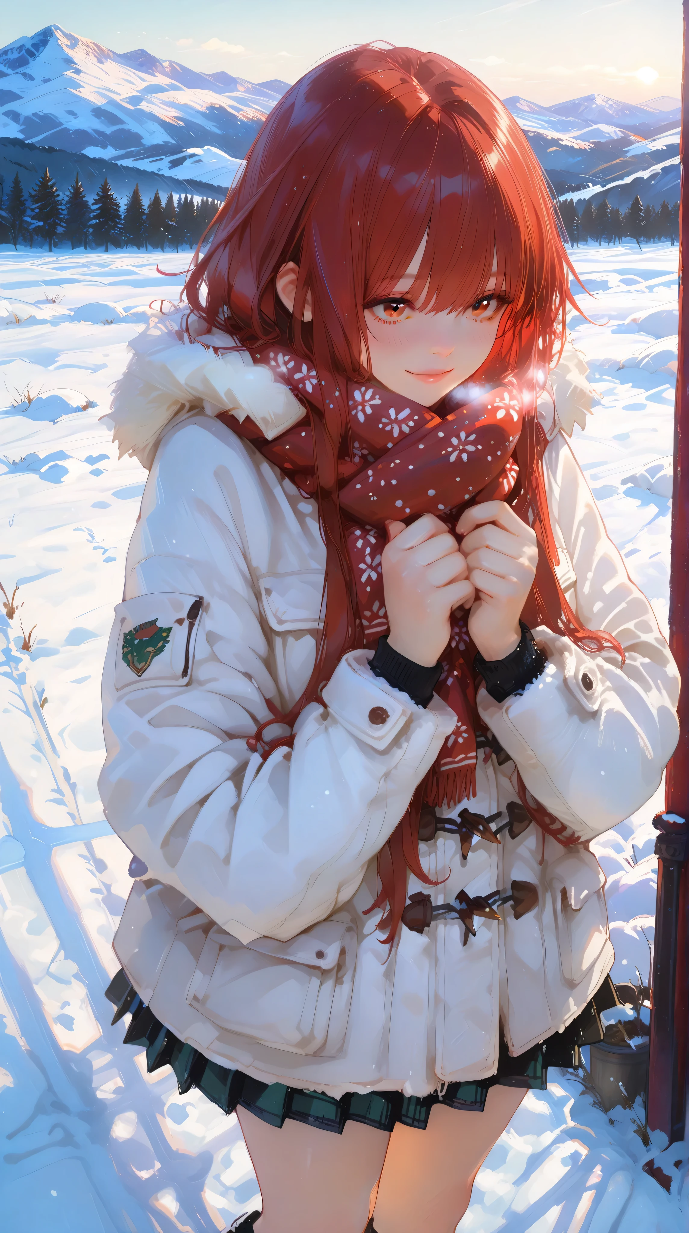 748cmstyle, anime girl, perfect hands according to anatomy, 5 fingers, perfect legs according to anatomy, 2 legs,
realistic shadow quality, realistic reflection quality, Realistic light quality, masterpiece, High Quality, High Quality, High quality eye detail, very aesthetic, Newest, Detailed Scenery,
Anime style 1girl, A young anime-style woman standing on a snowy hill, wearing a thick fur winter jacket. Her long hair is being blown by strong snowy wind. She has a gentle smile, and her face — especially her nose and cheeks — is slightly red from the cold. The background shows a snow-covered landscape with snowfall and distant mountains. Her expression is warm and serene despite the cold. High-detail, anime illustration, soft winter lighting