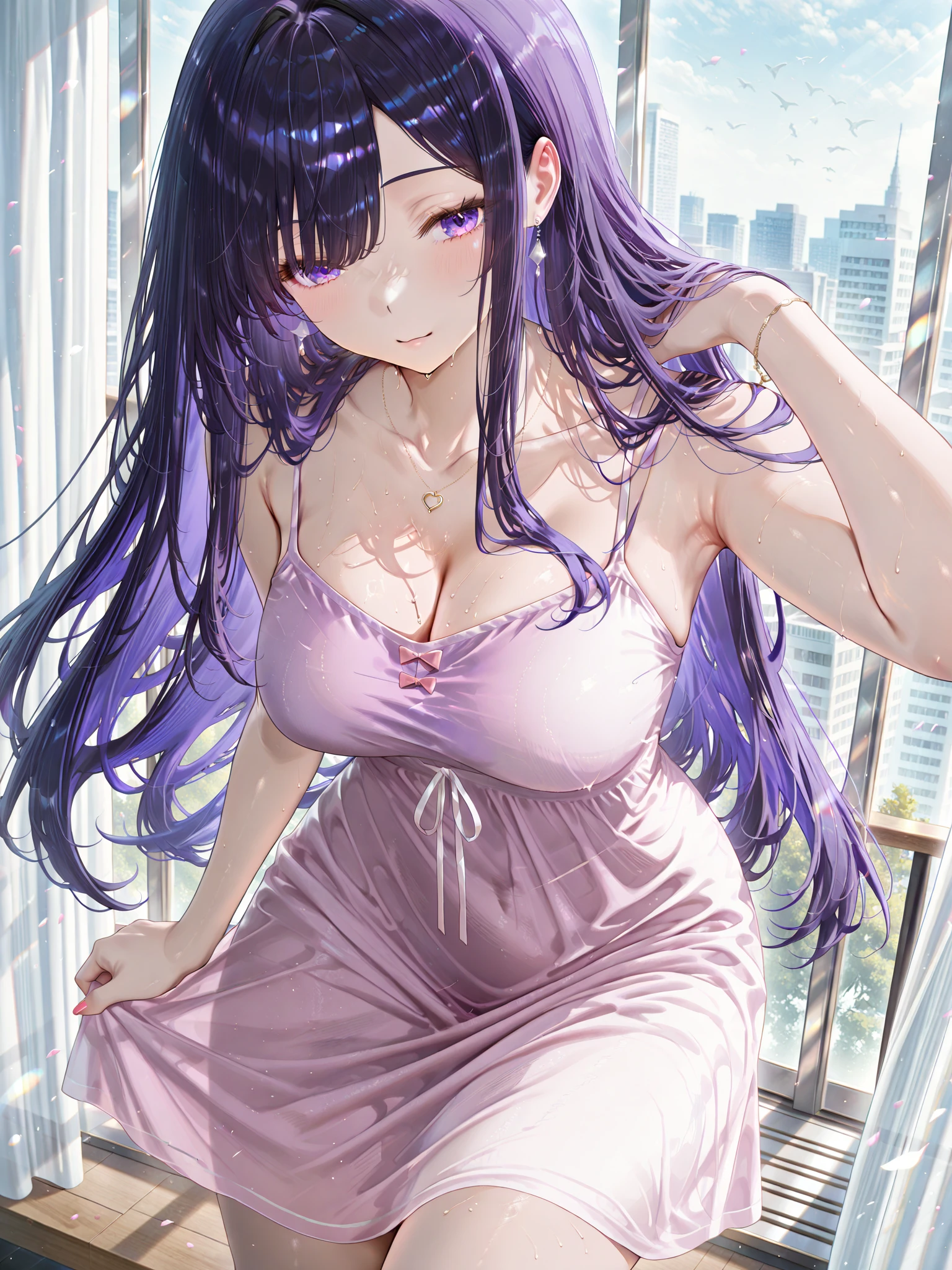 <lora:CenterOpenningVirginKillerSweater:0.5> virgin killer sweater, sleeveless, bare arms, no bra,  <lora:Fern:1> FernFrieren, very long hair, purple eyes, (purple pupils),, ultra detailed, masterpiece, best quality, aesthetic, detailed,