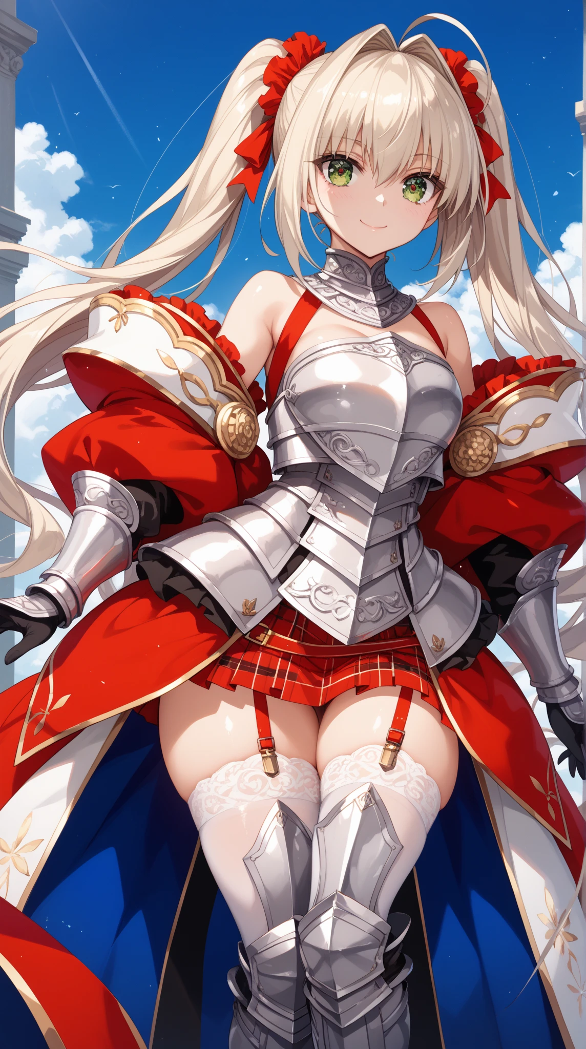 best quality,1girl,((((10 years old:1.3)))))),((big breasts:1.3)),curvy,orgasm,blush, sweat,blue eyes,blonde hair,((long hair:1.3)),straight hair,((waist-cape armor,white shirt,red skirt:1.3)),mini skirt,fantasy,((lift skirt,upskirt,lace panties,white panties:1.1)),kneehighs,forest,open shirt,bra