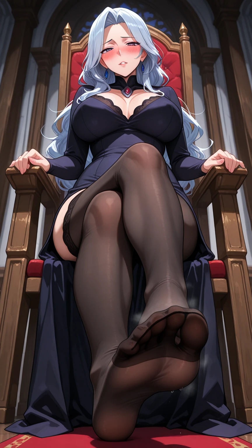 1girl, marcilledonato, elf, blonde hair, green eyes, white pupils, blue capelet, twin braids, sandals, blue robe, ponytail, sitting, crossed legs, throne, looking down, from bottom, looking at viewer, masterpiece, best quality, femdom, sadism, trampling, stepped on, penis, testicles, sandals crushing penis, footjob, cum on feet, nsfw, uncensored