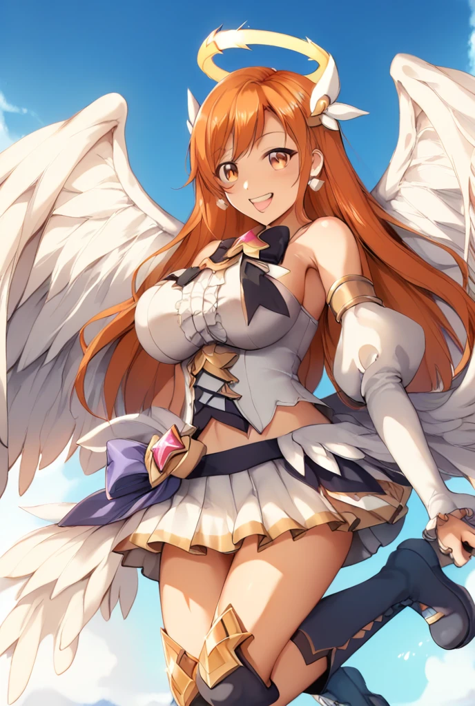 (Masterpiece, Best Quality, High Quality),volumetric lighting, illustration, beautiful,Kousaka honoka, cowboy shot, blue eyes, orange hair, white bodysuit, sexy, goddess wings, gold tiara,on heaven, blue sky , open mouth, thighs , sitting on ground, spread legs, legs up, humiliated , torn clothes