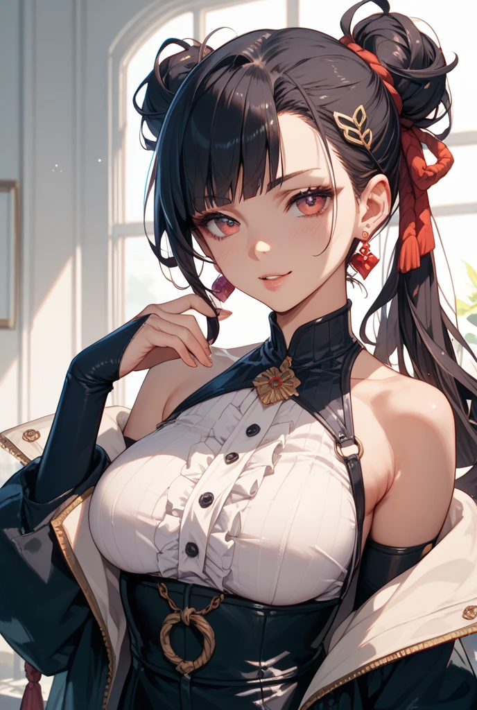 (Extremely detailed 8k CG wallpaper, masterpiece, best quality, ultra detailed), (best lighting, best shadow, extremely delicate and beautiful)similarity with Katy Perry, gothic, hair with red bows, corset with skulls, bracelets with spikes, thick lips, gothic makeup, blowing a revolver, black and white band, prominent curves, big breasts, full body focus, asylum background , grab a gun.