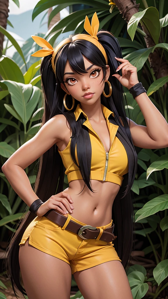 highres,masterpiece,1girl,cowboy shot chel_eldorado, hand on hip, smile, diaphragm, tube top