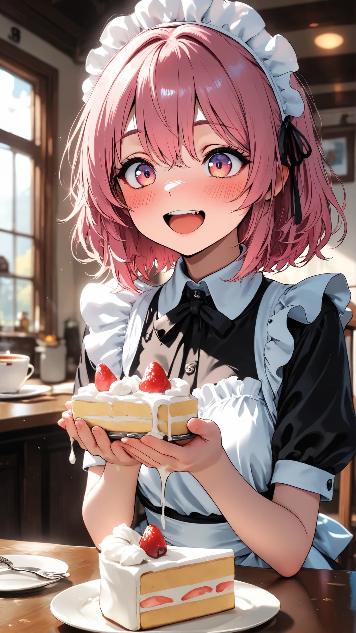 masterpiece, high res, top quality, One Girl, cute maid, cute girl, black and white maid dress, Cute Headdress, happy, Melting Ex PRESSION, Pink Gold Hair, eats cake, (((Holding a half-eaten cake with both hands))),, Blush, on the table are freshly eaten shortcake and tea, shortcakes are dwindling, Front Map, Amazing Details,  Please create a , amazing illustration，Freshly eaten shortcake and tea on the