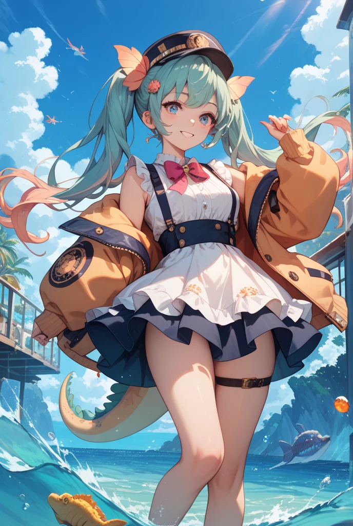 blush, outdoor, daytime, simple background, blue sky, wavy hair, sky, looking at the audience, loli, cute expression, small short legs, avatar, high quality panties