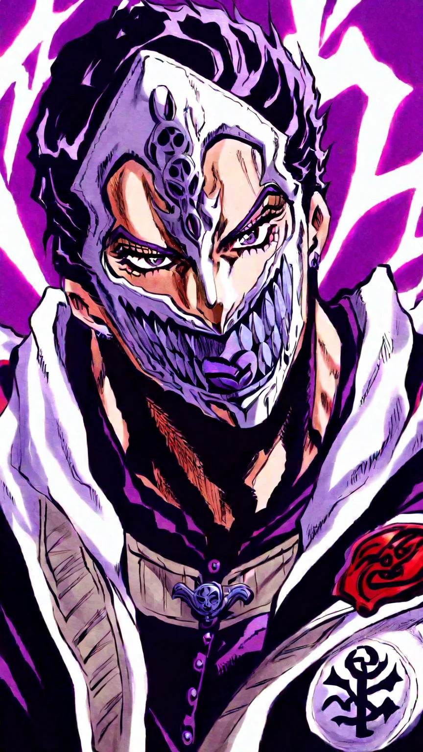 Simple white background, Genshin Impact muscular male character, unique character, serious appearance, black suite, short, wavy and black hair, slicked back, goatee, visual novel, detailed black armor, high quality, cinematic, dramatic pose, intricate details, vibrant colors, masterpiece, Genshin Impact, purple jewel on a golden coat of arms